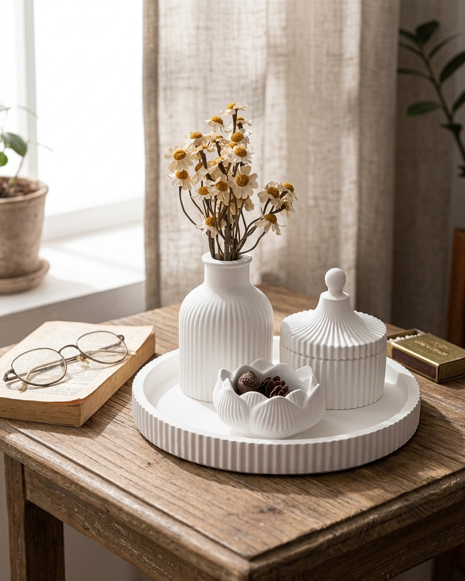 ribbed fluted concrete trinket tray jewellery organiser gypsum empty open vessel wedding favour corporate gifting India
