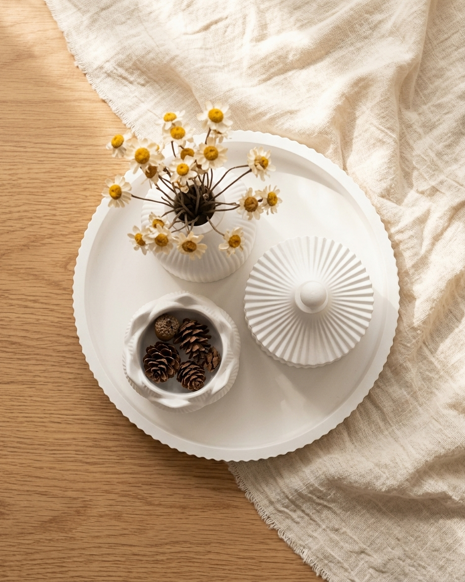 ribbed fluted concrete trinket tray jewellery organiser gypsum empty open vessel handmade artisan candle jar India