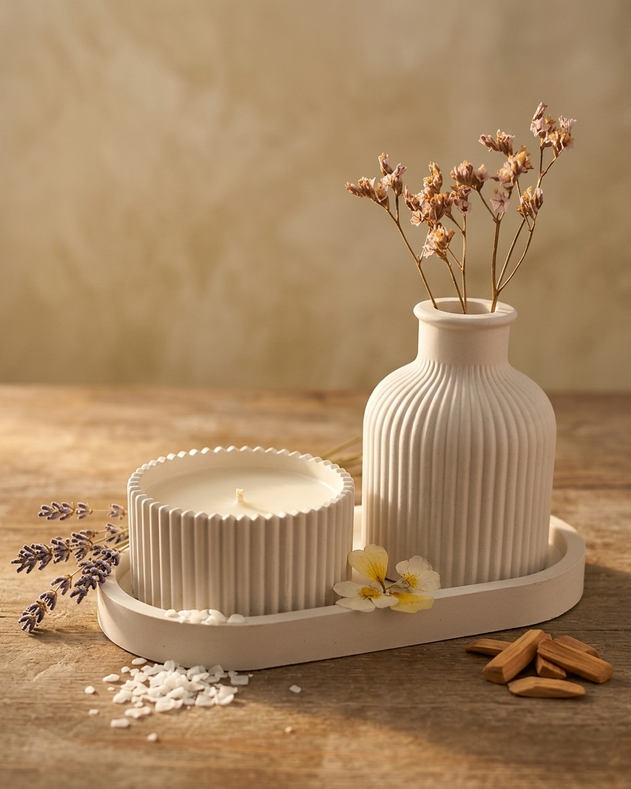 ribbed fluted concrete trinket tray jewellery organiser gypsum empty open vessel aromatherapy soy wax candle India