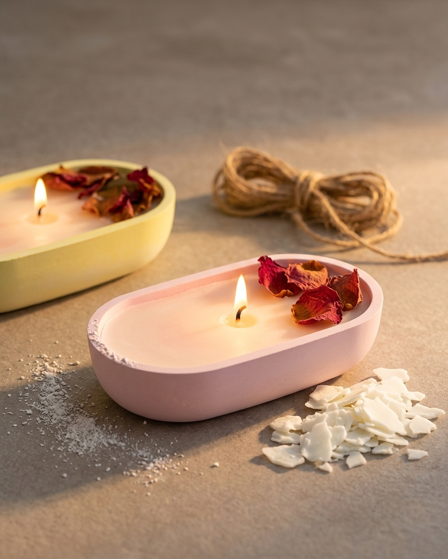 oval boat shaped concrete gypsum candle vessel empty open vessel bulk pack candle supplier Surat Gujarat India