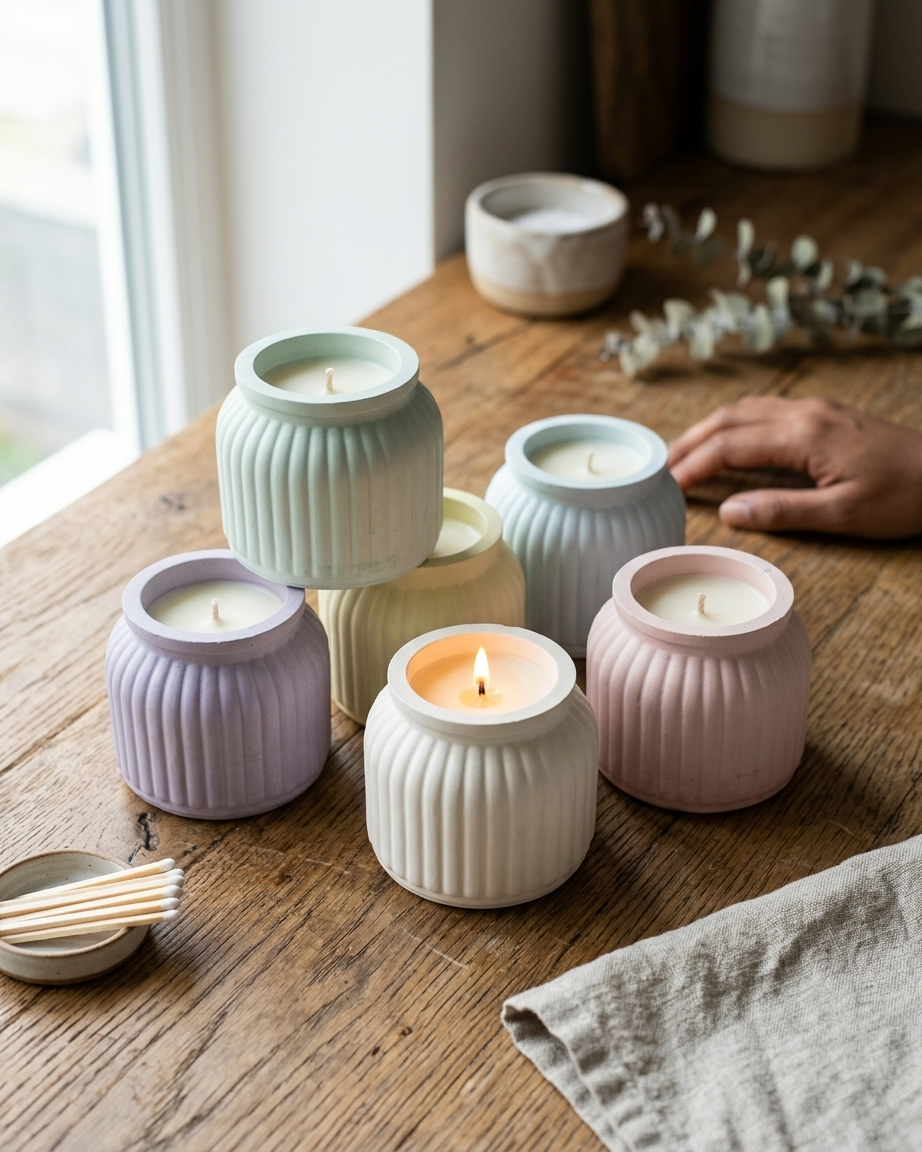 ribbed bottle pot concrete candle jar gypsum vessel empty empty open vessel wedding favour corporate gifting India