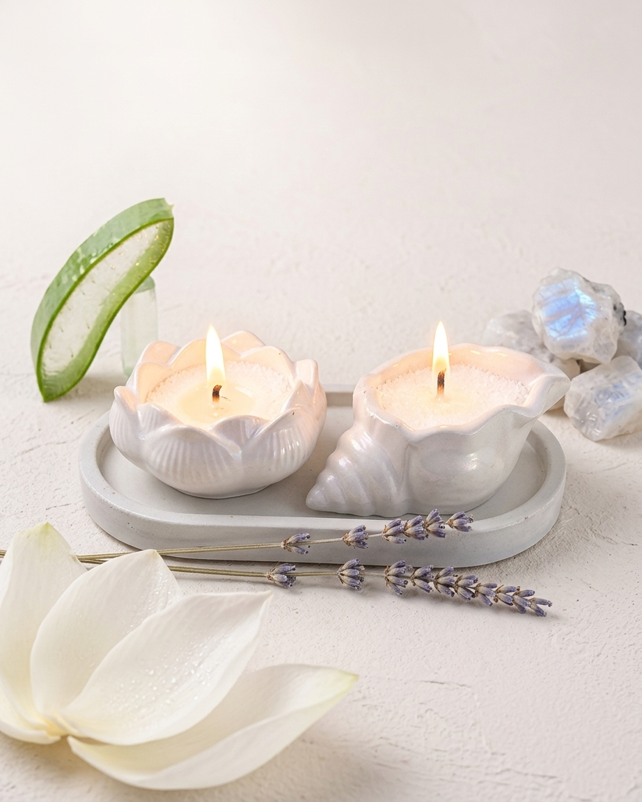 lotus seashell combo set concrete trinket tray jewellery organiser gypsum empty open vessel aromatherapy soy wax candle India