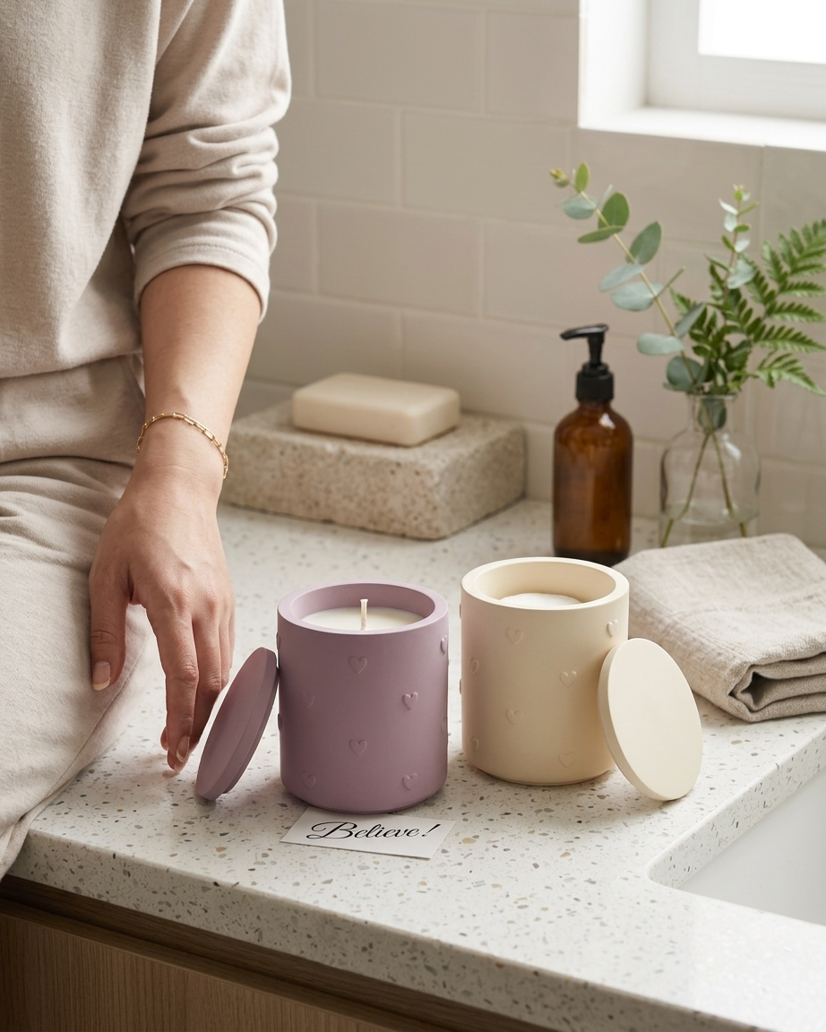 3D heart shaped concrete candle jar gypsum vessel empty with lid sealed gift ready candle making raw material wholesale India