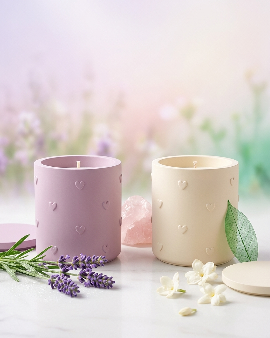 3D heart shaped concrete candle jar gypsum vessel empty with lid sealed gift ready wholesale bulk order India