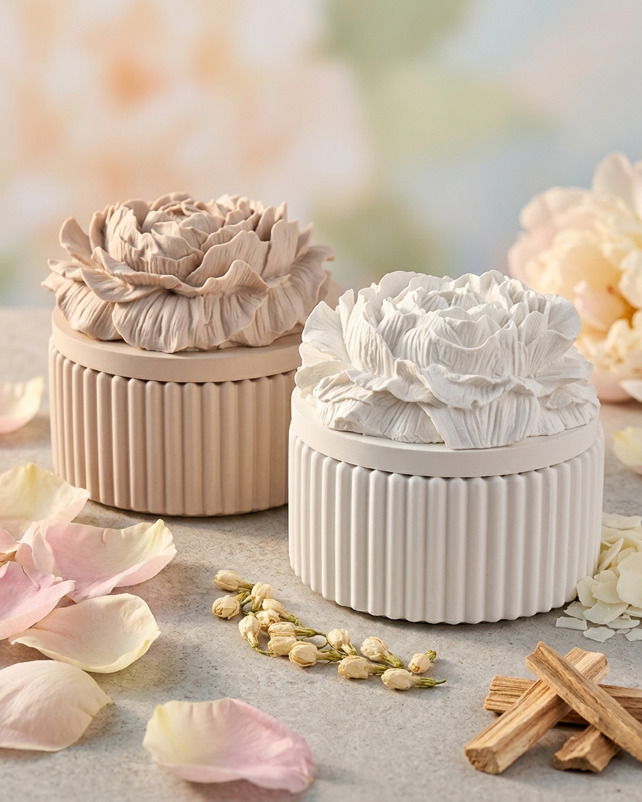 Concrete gypsum candle jar with flower lid India ribbed base lidded vessel DIY candle wholesale