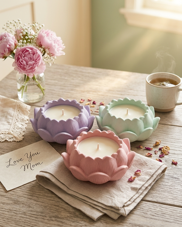 Lotus concrete gypsum candle jar with base India spiritual Diwali meditation vessel wholesale