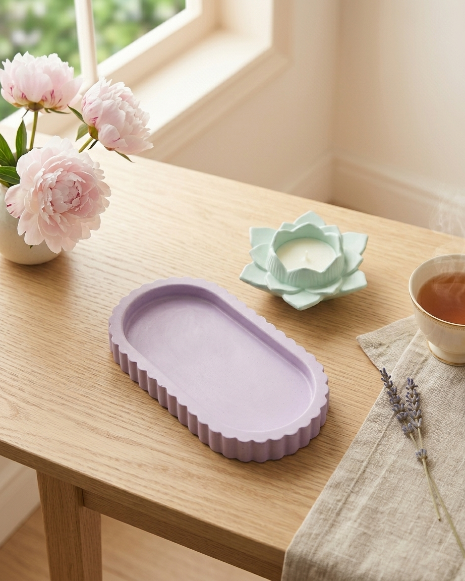 oval shaped concrete trinket tray jewellery organiser gypsum empty open vessel bulk pack candle supplier Surat Gujarat India