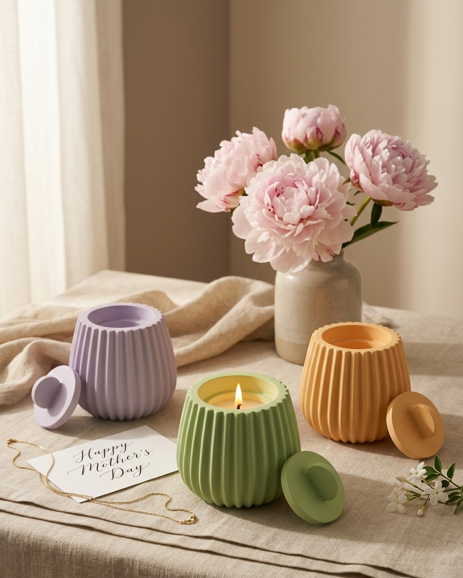 fluted bell shaped concrete candle jar gypsum vessel empty with lid sealed gift ready premium festival gifting India