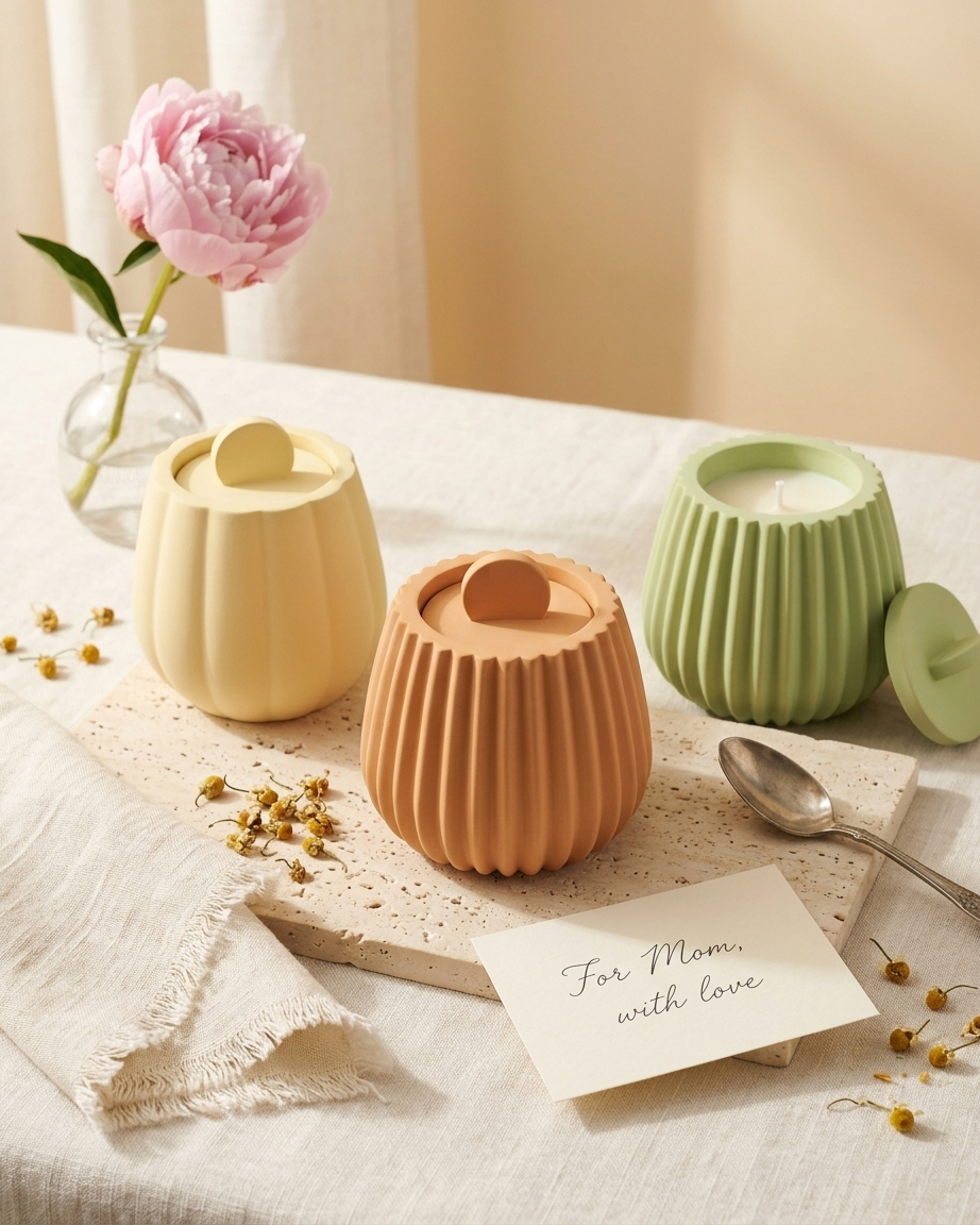fluted bell shaped concrete candle jar gypsum vessel empty with lid sealed gift ready artisan handmade candle container India