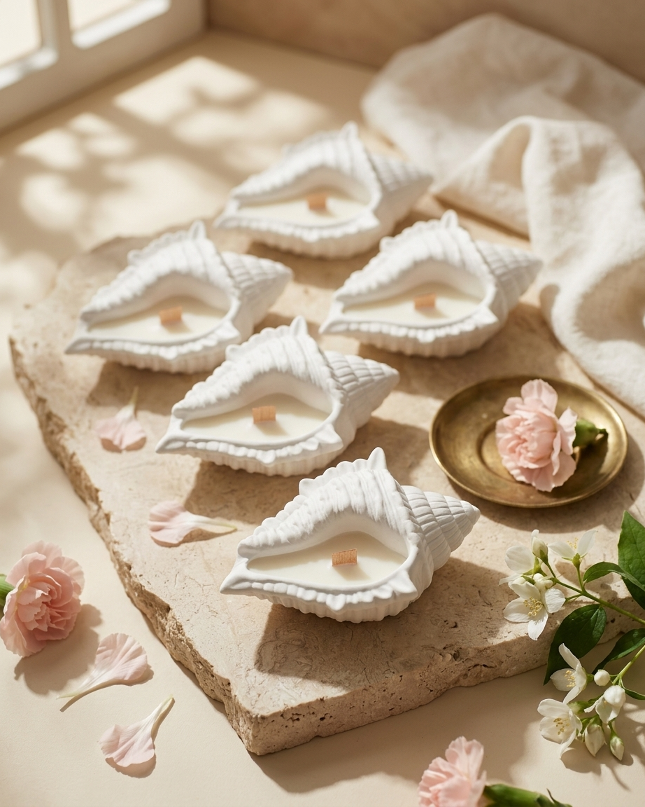Conch shell concrete gypsum candle jar India coastal luxury vessel DIY soy wax wholesale