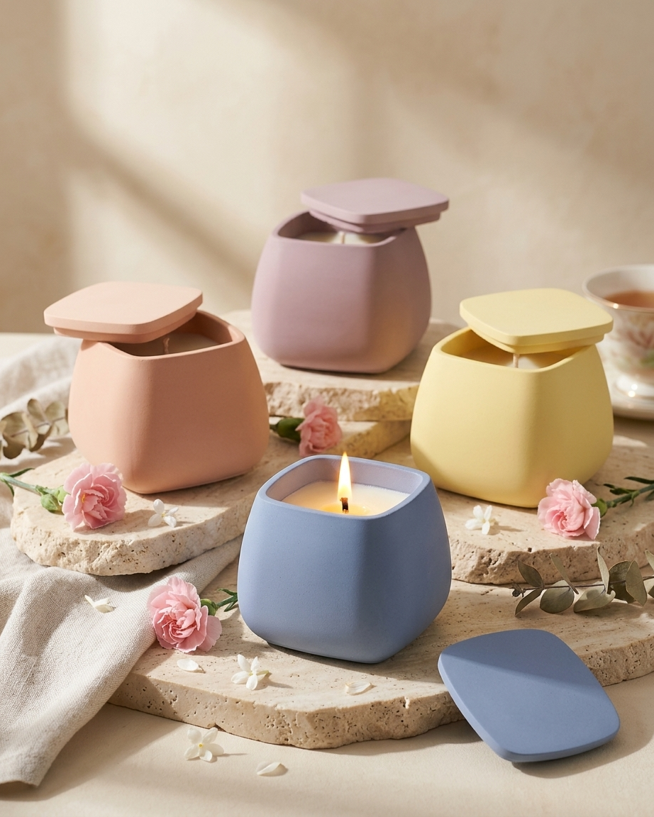 Square concrete gypsum candle jar with lid India geometric lidded vessel DIY soy wax wholesale