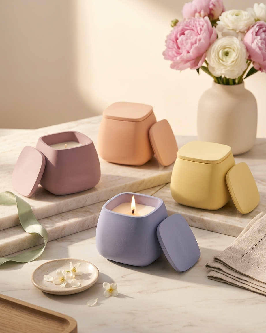 square geometric modern concrete candle jar gypsum vessel empty with lid sealed gift ready premium festival gifting India