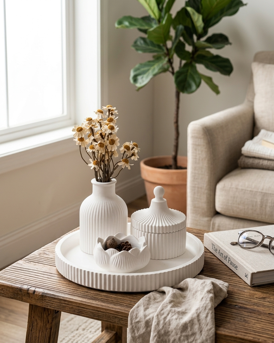 ribbed fluted concrete trinket tray jewellery organiser gypsum empty open vessel aromatherapy soy wax candle India
