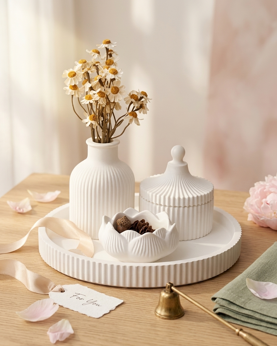 ribbed fluted concrete trinket tray jewellery organiser gypsum empty open vessel premium festival gifting India