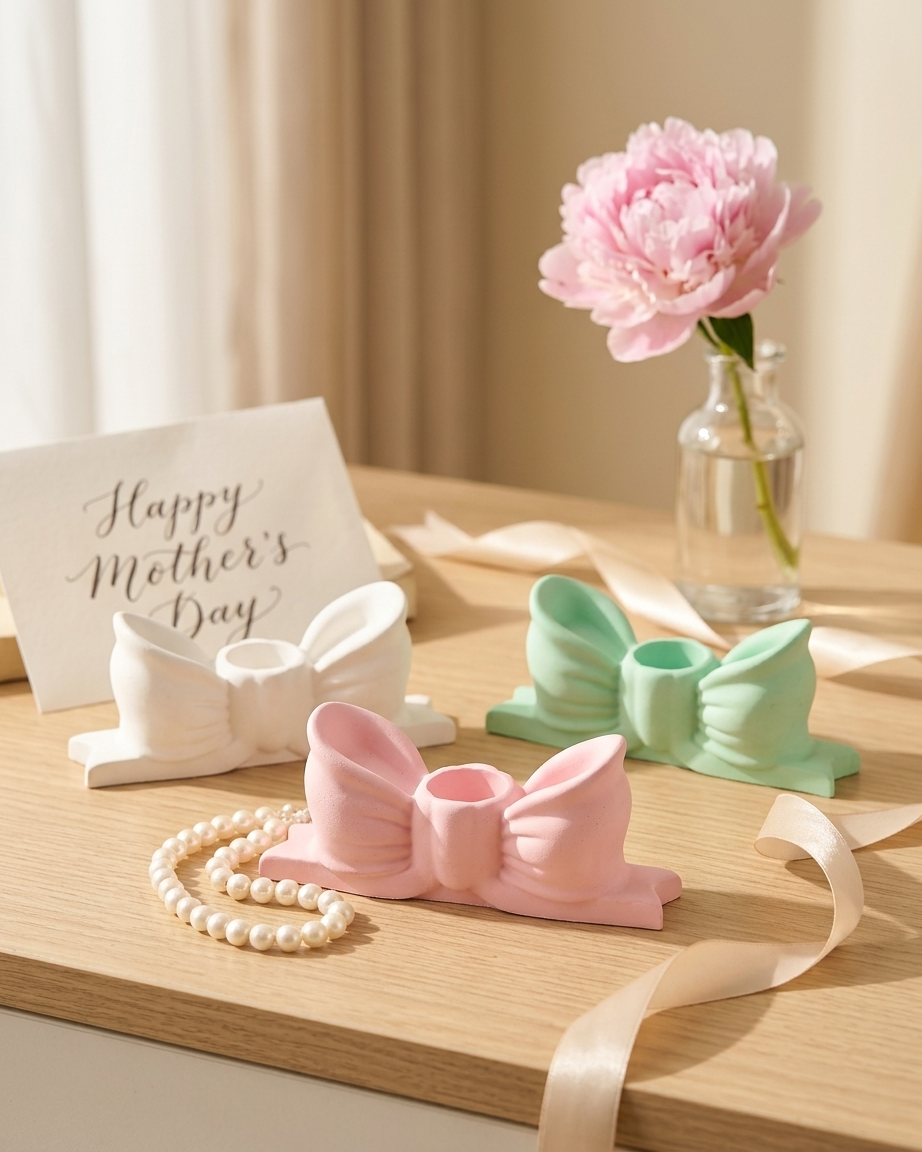 3D bow ribbon shaped concrete candle holder gypsum decor empty open vessel bulk pack candle supplier Surat Gujarat India