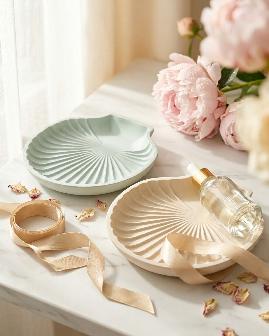 shell shaped coastal concrete trinket tray jewellery organiser gypsum empty open vessel Diwali gifting home decor India