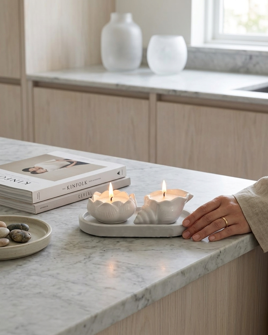 lotus seashell combo set concrete trinket tray jewellery organiser gypsum empty open vessel eco friendly reusable candle