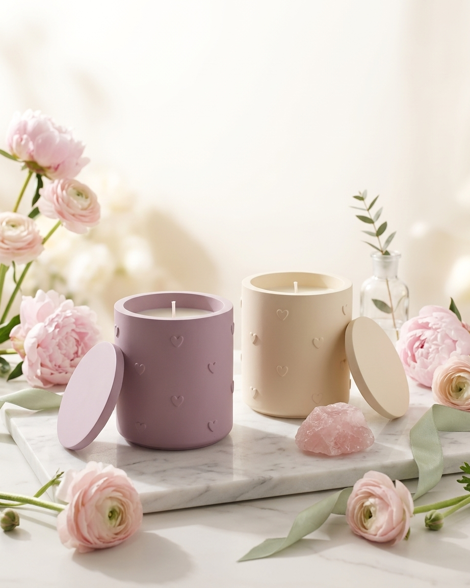 3D heart shaped concrete candle jar gypsum vessel empty with lid sealed gift ready artisan handmade candle container India