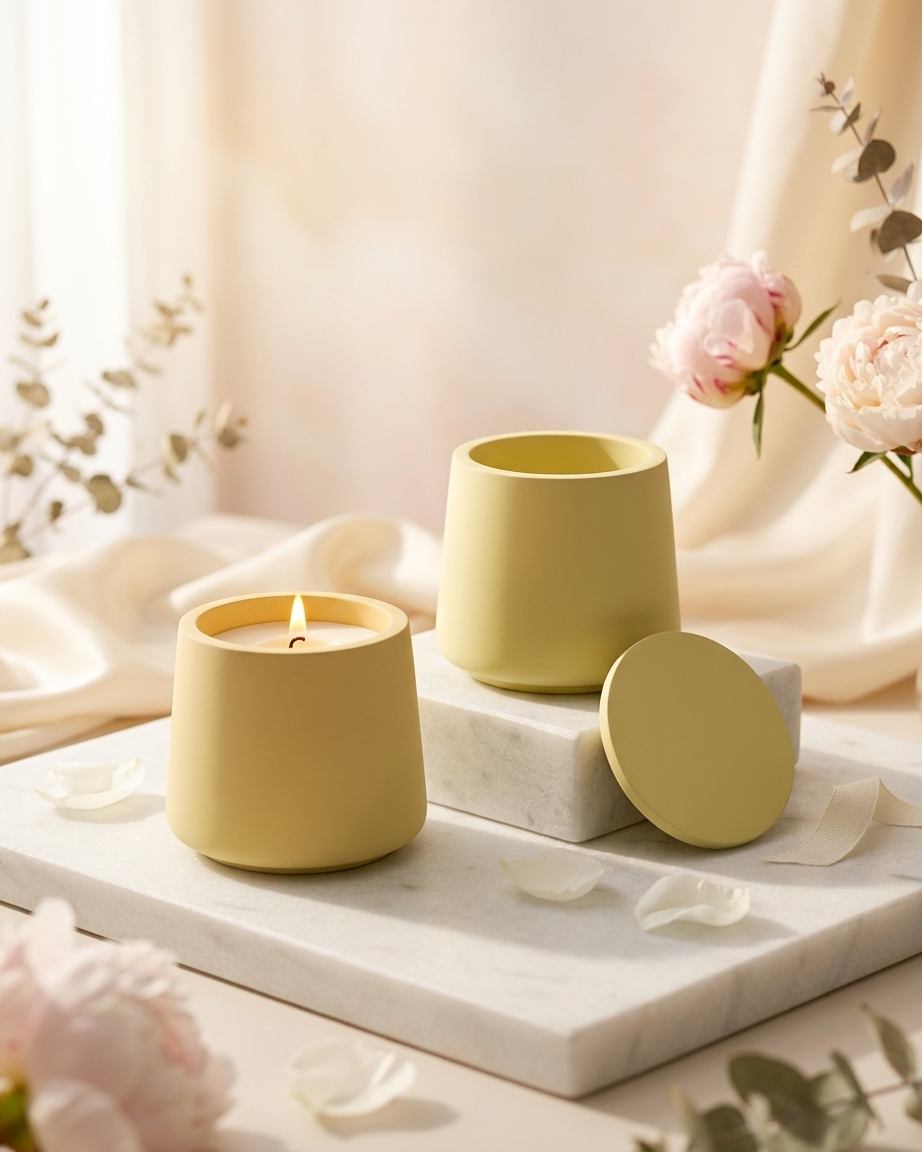 tapered cone shaped concrete candle jar gypsum vessel empty with lid sealed gift ready premium festival gifting India