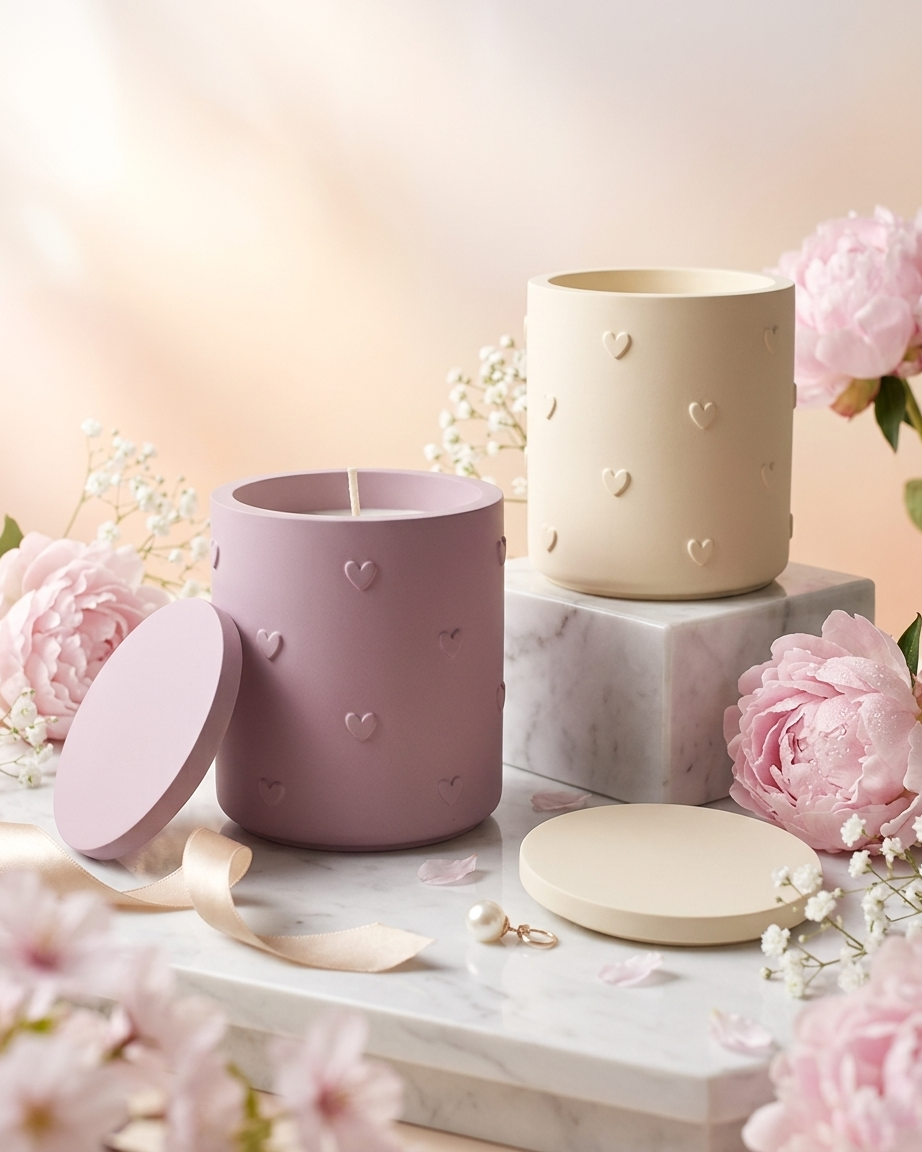 3D heart shaped concrete candle jar gypsum vessel empty with lid sealed gift ready wholesale bulk order India
