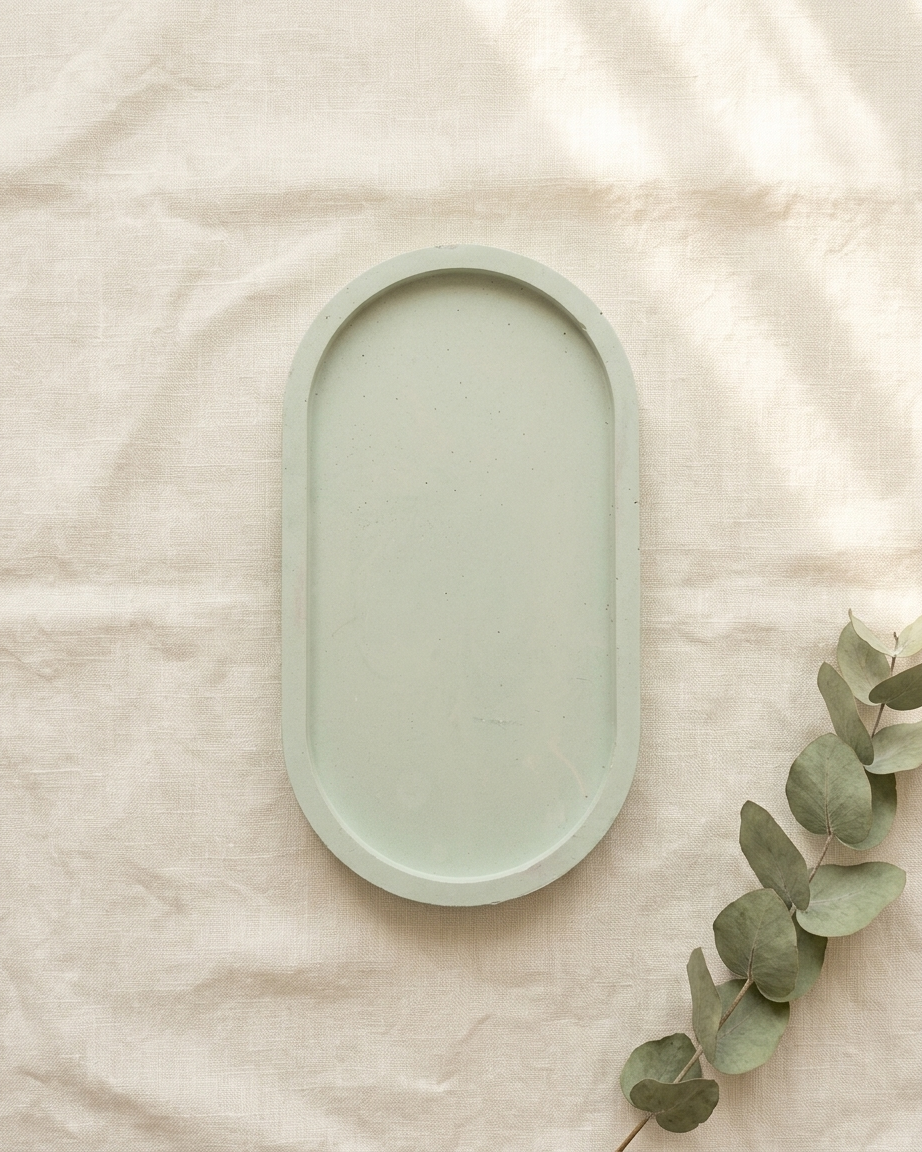 oval shaped concrete trinket tray jewellery organiser gypsum empty open vessel handmade artisan candle jar India