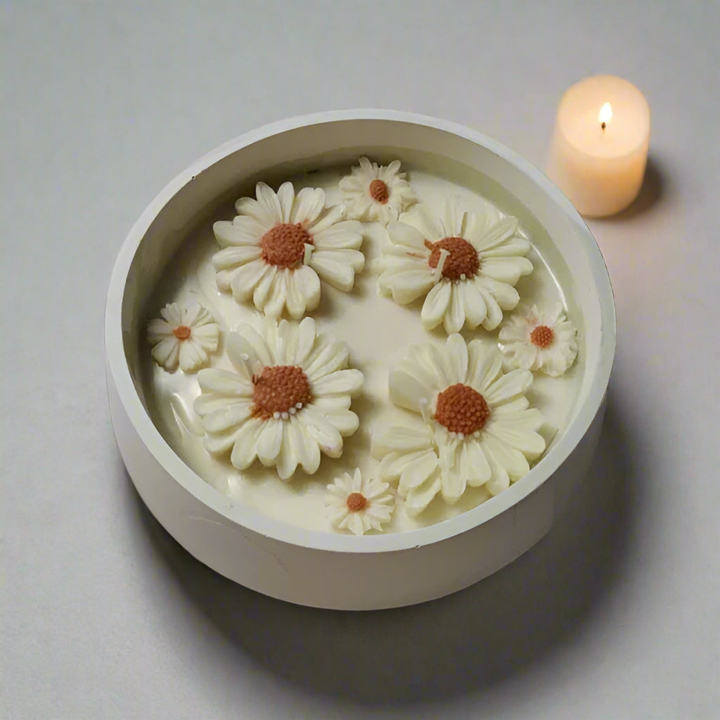 concrete round bowl floral top candle concrete urli candle pure soy wax