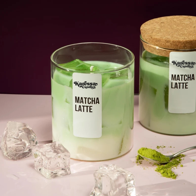 "Karessa Candles Iced Matcha Latte Candle with gel wax ice cubes and sweet vanilla-scented soy wax, perfect for matcha lovers and home décor."