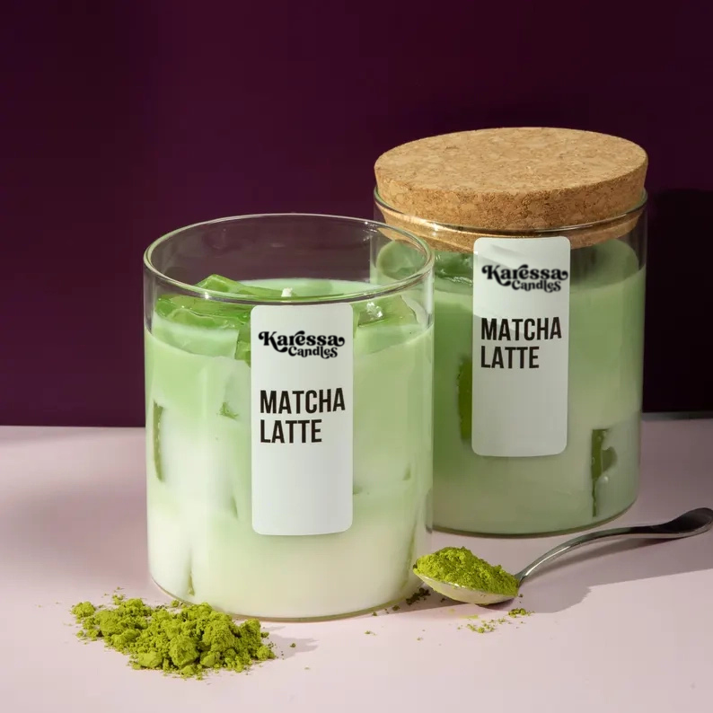 "Karessa Candles Iced Matcha Latte Candle with gel wax ice cubes and sweet vanilla-scented soy wax, perfect for matcha lovers and home décor."