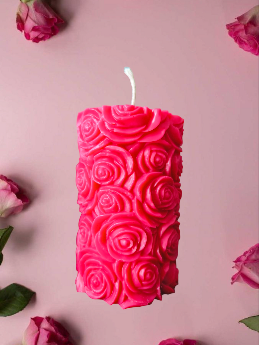 "Beautifully handcrafted pillar candle made from soy wax and infused with essential oils. Designed with a romantic floral rose theme, perfect for Valentine's Day gifts. Eco-friendly and long-lasting, this elegant scented candle is presented in a lovely gift box."