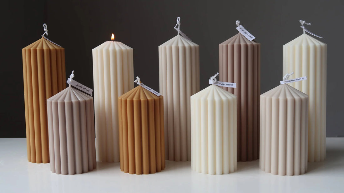 Thick Ribbed Pillar Candle Off-White Color Soy Wax Scented Candle