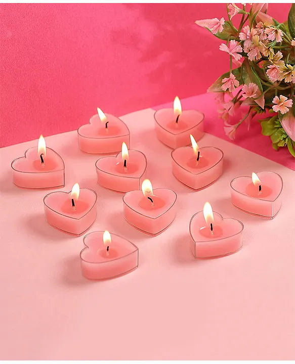 KaressaCandles' Scented Heart Shaped Tea Lights, rose fragrance, pack of 10. Handcrafted soy wax tealights in heart shape, perfect for romantic ambiance and home decor.