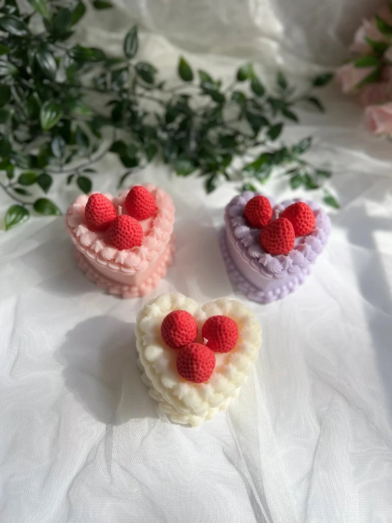 KaressaCandles' Valentine Collection Special featuring Heart Shaped Cake Candle and Strawberry Dessert Candle. Perfect for birthdays, anniversaries, and home decor. Handcrafted with soy wax for a sweet and romantic ambiance.