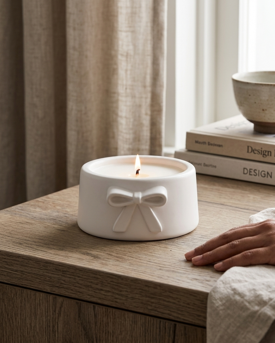 3D bow ribbon shaped concrete candle bowl gypsum vessel soy wax empty open vessel bulk pack candle supplier Surat Gujarat
