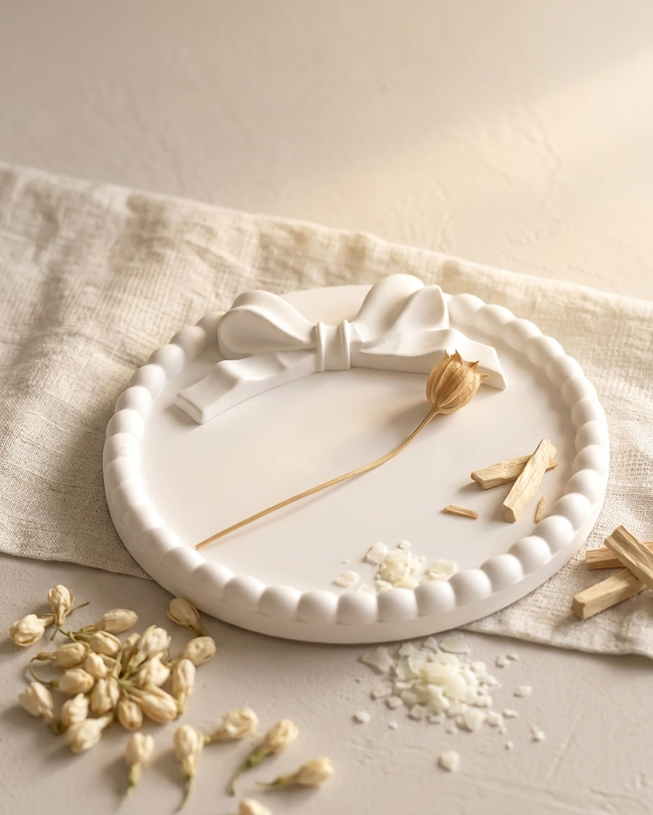 beaded bow textured coaster concrete trinket tray jewellery organiser gypsum empty open vessel aromatherapy soy wax candle