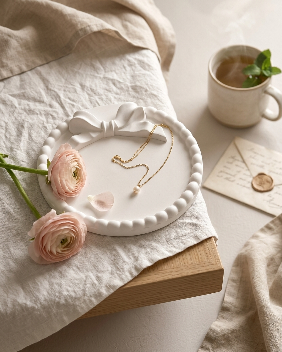 beaded bow textured coaster concrete trinket tray jewellery organiser gypsum empty open vessel eco friendly reusable candle