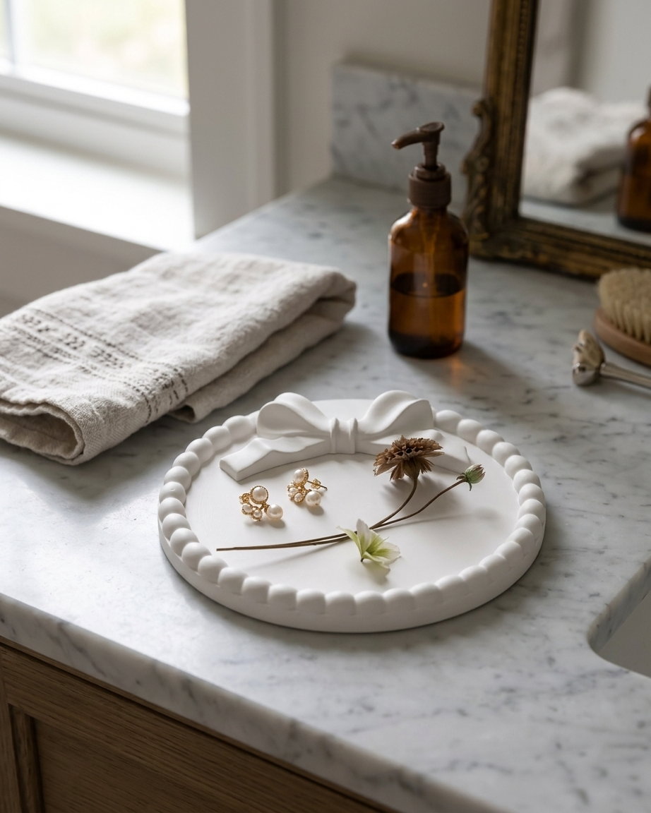 beaded bow textured coaster concrete trinket tray jewellery organiser gypsum empty open vessel artisan handmade candle